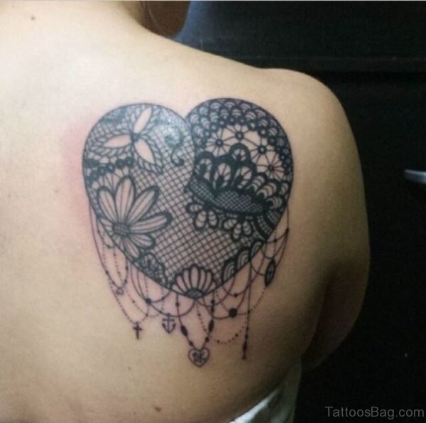 Heart Lace Tattoo On Shoulder Back
