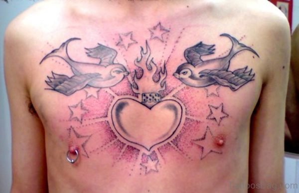 Heart Swallow Tattoo On Chest