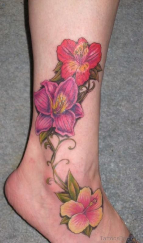 Hibiscus Flowers Tattoo On Ankle Leg