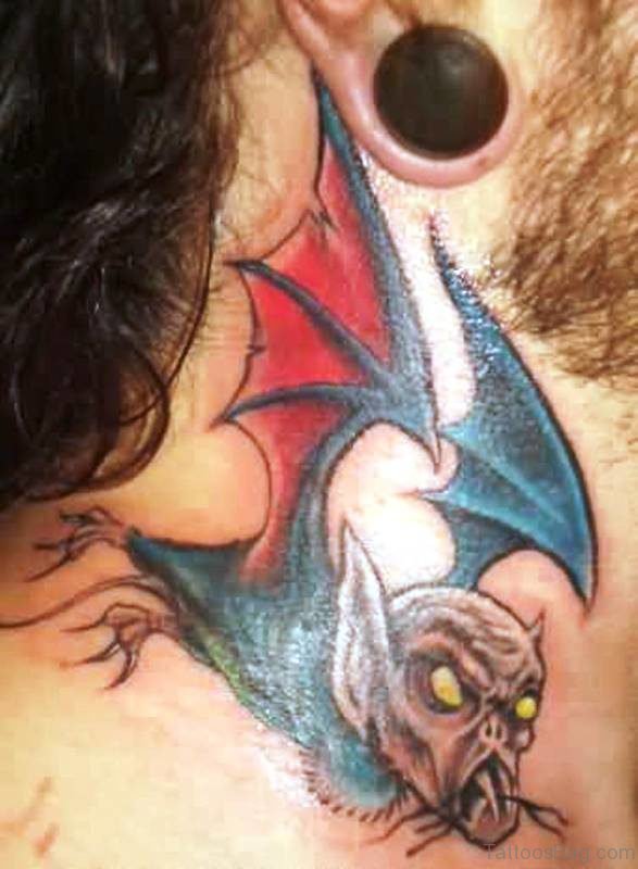 Horror Bat Tattoo On Neck