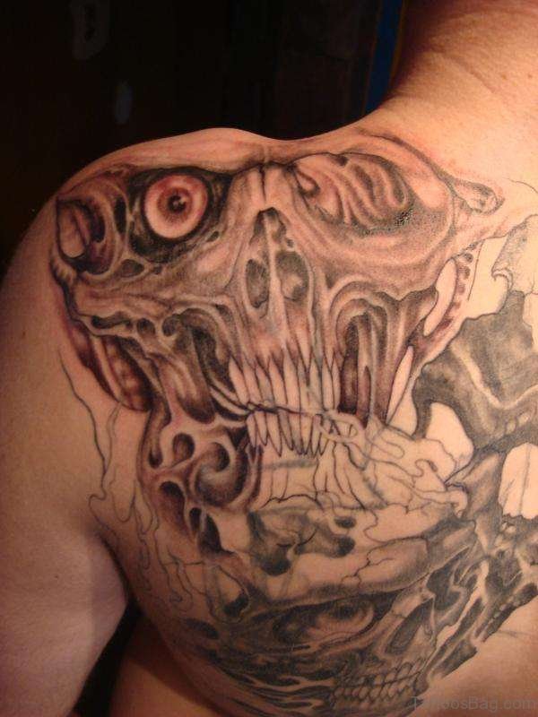 Horror Tattoo On Left Back Shoulder