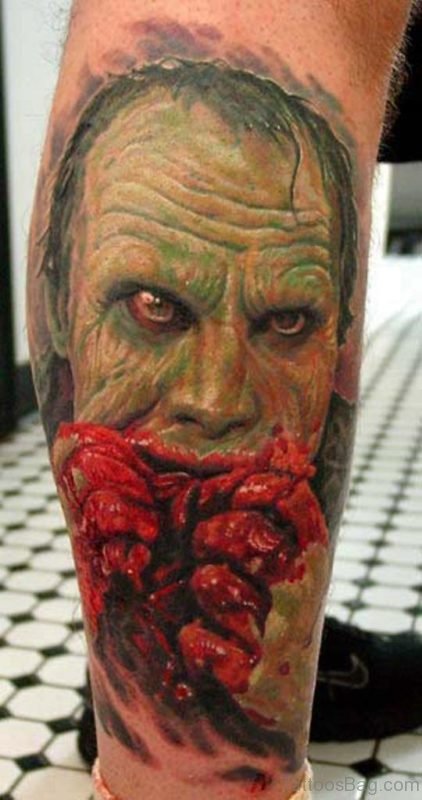 Horror Zombie Portrait Tattoo On Right Leg