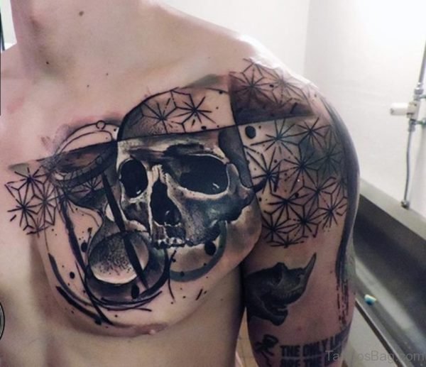 Hourglass & Skull Chest Tattoo
