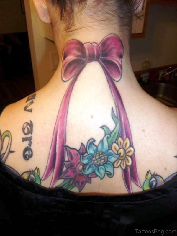 Huge Bow Tattoo On Neck With Flowers