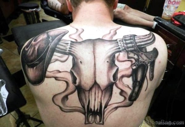 Huge Bull Skull Tattoo On Back