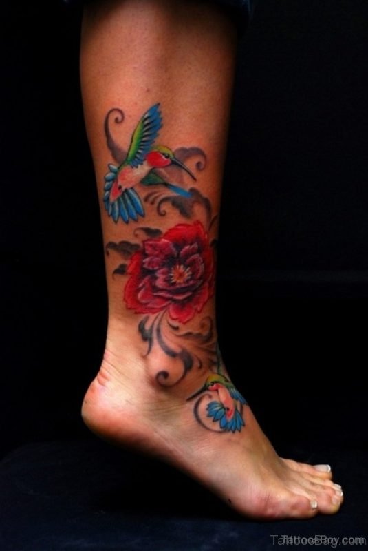 Hummingbird And Rose Tattoo On Ankle