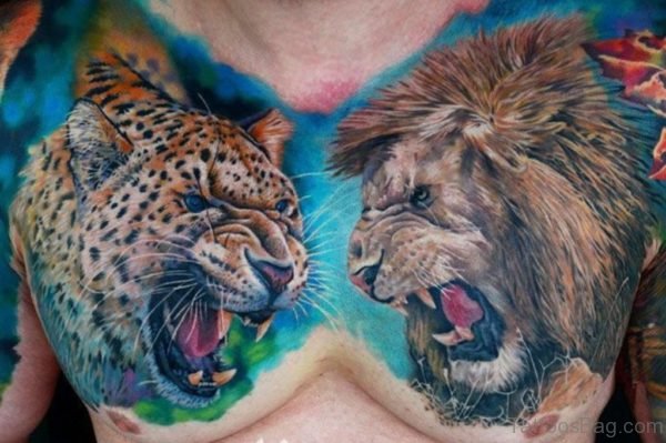 Impressive Cheetah And Lion Tattoo