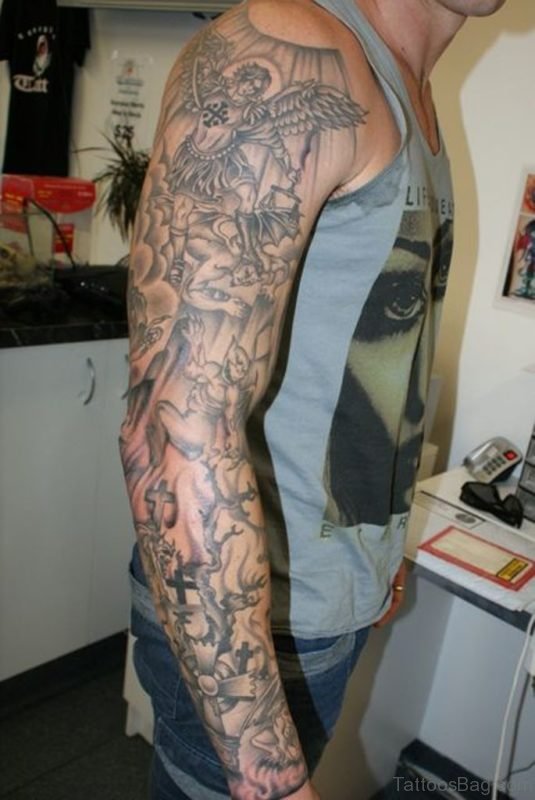 Impressive Christian Full Sleeve Tattoo For Men