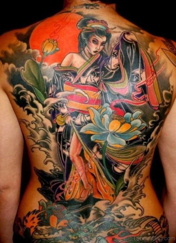 Impressive Geisha Tattoo On Back
