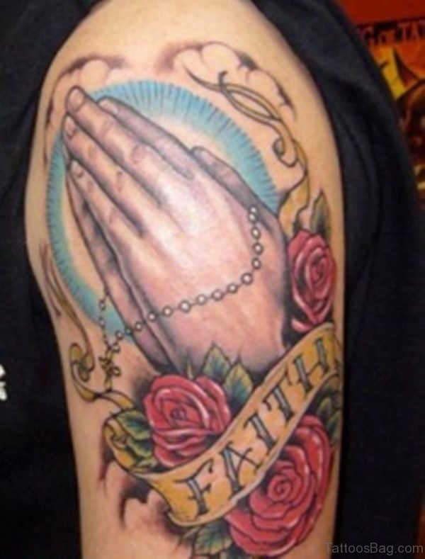 Impressive Praying Hands Tattoo On Shoulder