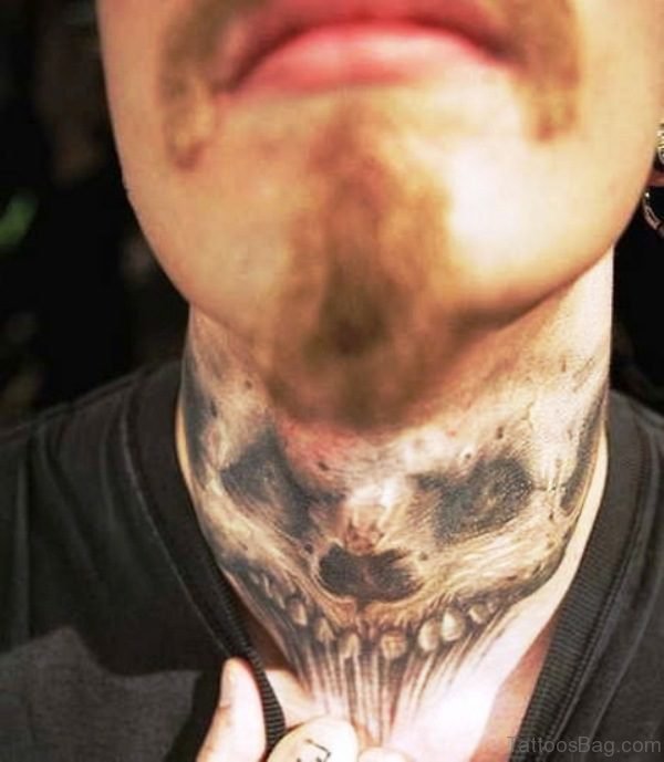 Impressive Realistic Skull Tattoo On Neck