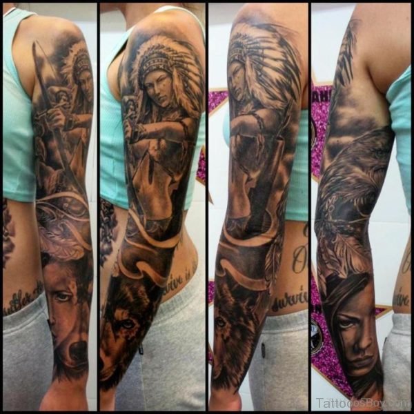 Indian Warrior Tattoo On Full Sleeve