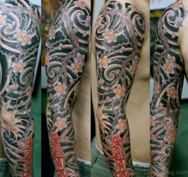 Japanese Cherry Blossom Tattoo On Man Right Full Sleeve