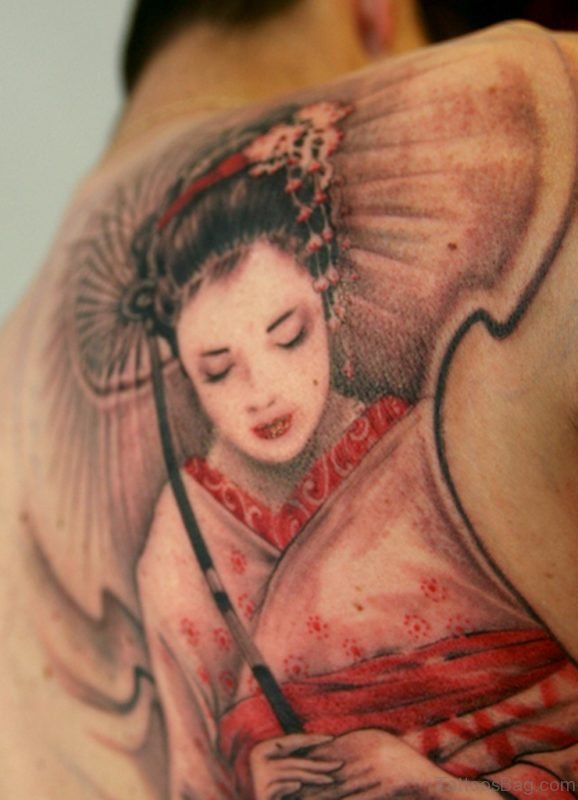Japanese Geisha Tattoo On Back For Men