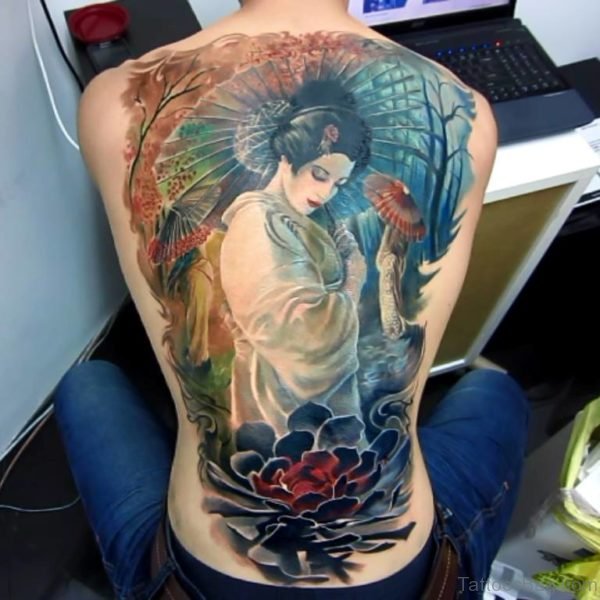 Japanese Geisha Tattoo On Full Back