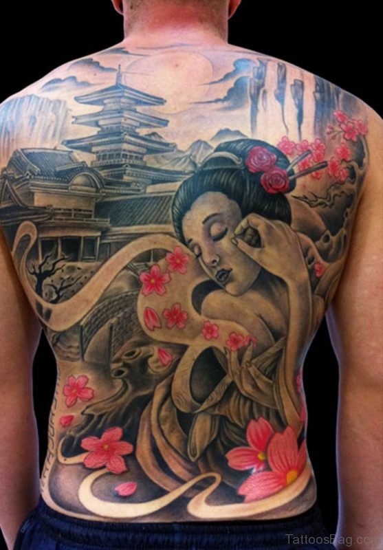 Japanese Geisha Tattoo On Full Back Image