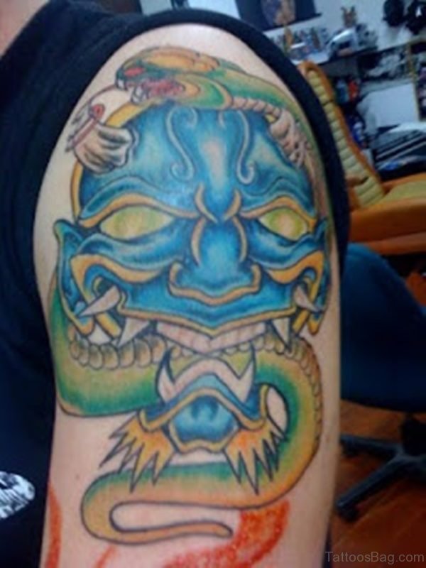 Japanese Hannya Mask Tattoo On Shoulder