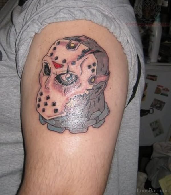 Jason Vorhees Mask Tattoo On Left Shoulder