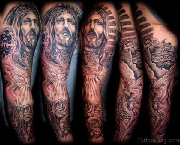 Jesus And Rose Tattoo On Full Sleeve