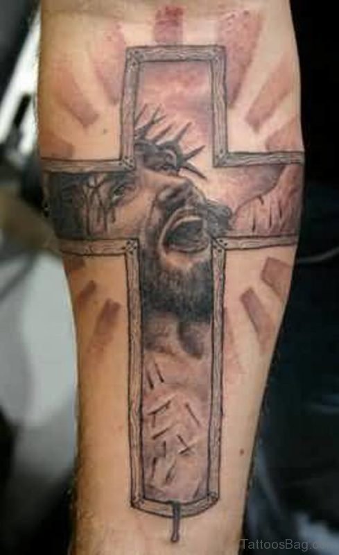 Jesus Cross Tattoo On Leg