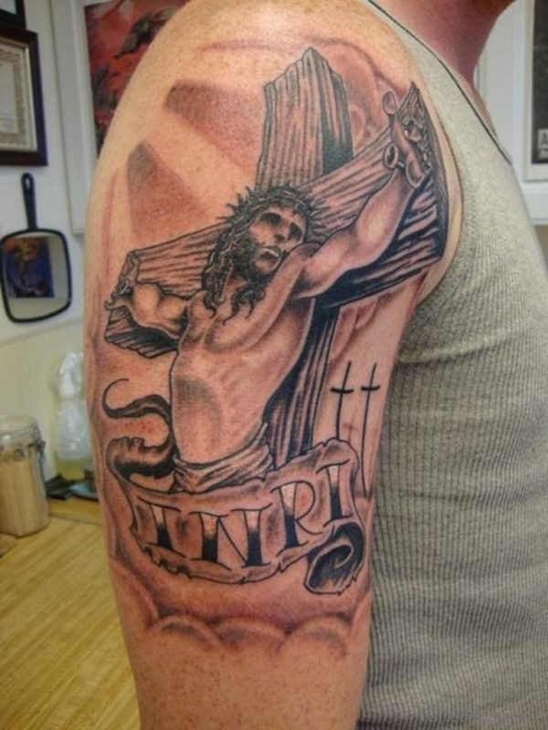 Jesus Cross Tattoo On Right Shoulder