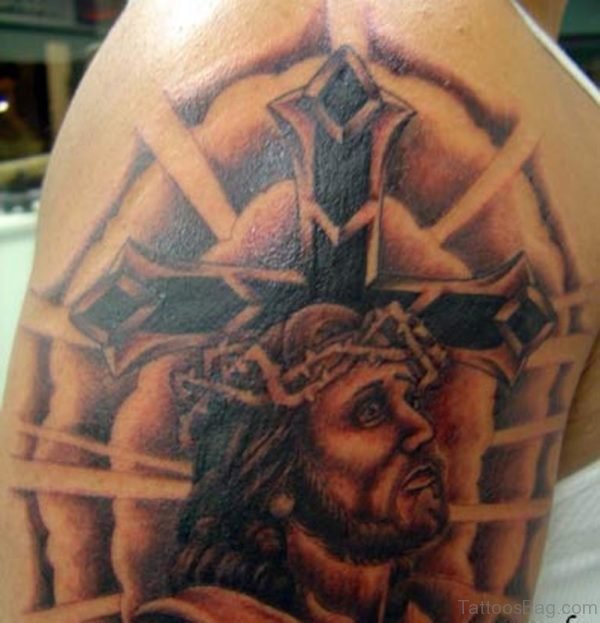 Jesus Cross Tattoo On Shoulder