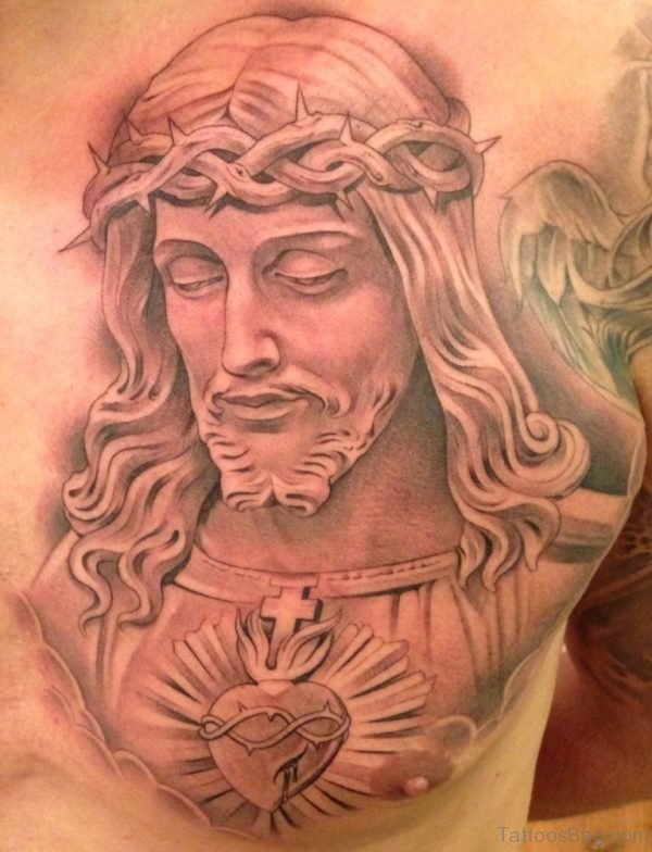 Jesus Portrait Tattoo On Ches