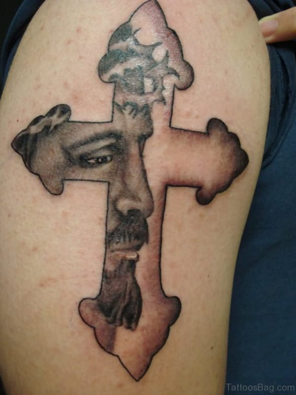 Jesus Within Cross Tattoo on Shoulder
