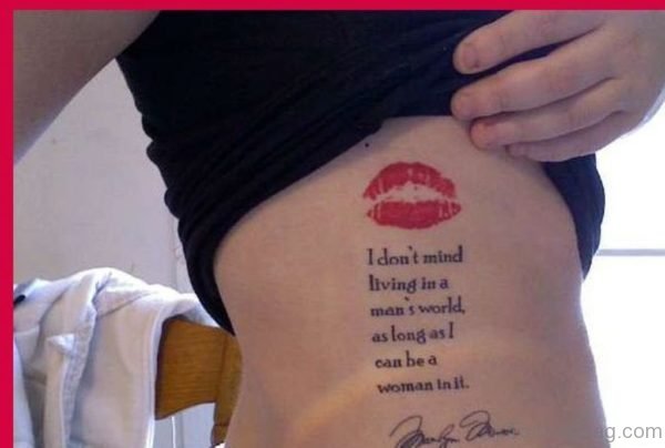 Kiss Lips And Wording Tattoo On Ribs For Girls