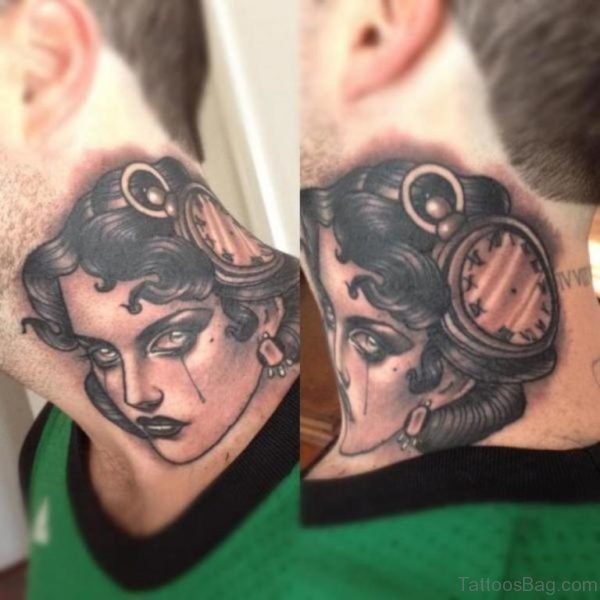 Lady Clock Tattoo On Neck