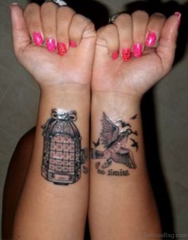 Large Bird And Cage Tattoo On Wrist