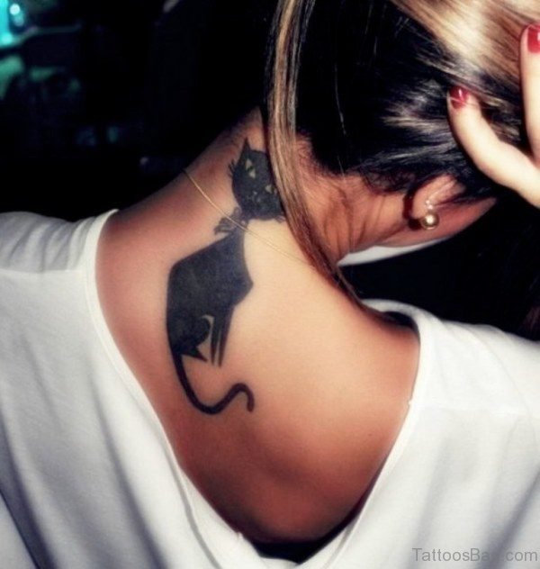 Large Black Cat Neck Tattoo