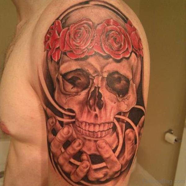 Laughing Skull Half Sleeves Shoulder Tattoo