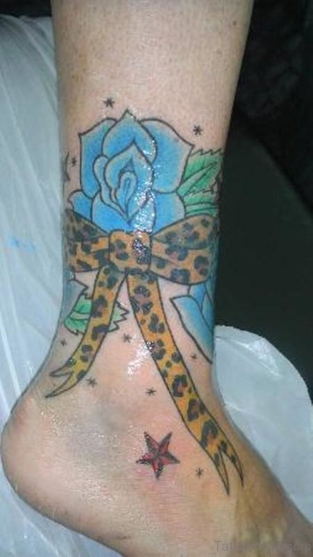 Leopard Print Bow And Rose Tattoo Design On Ankle
