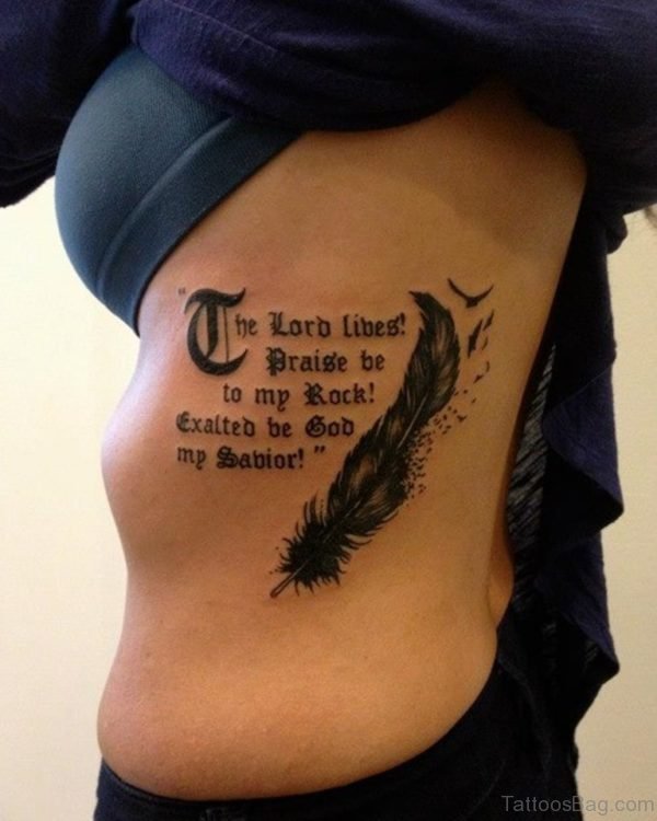 Lettering And Feather Tattoo