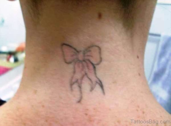 Light Pink Bow Tattoo On Neck
