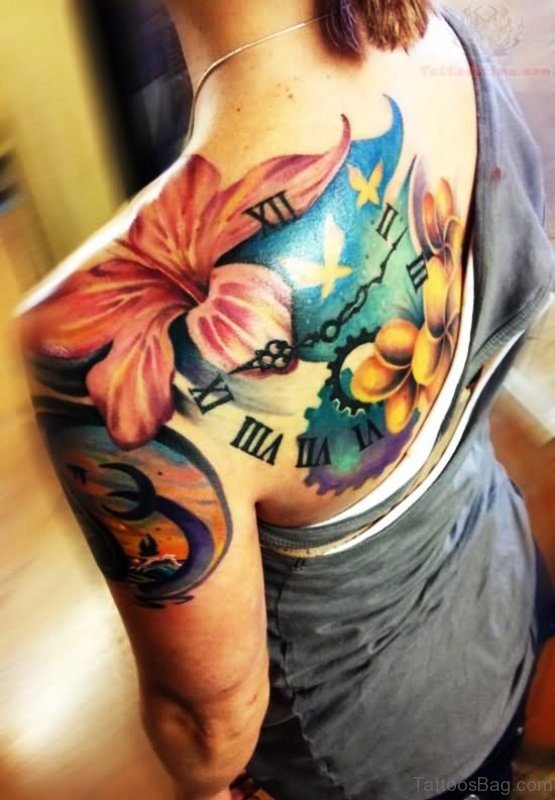 Lily Flower And Clock Tattoo 