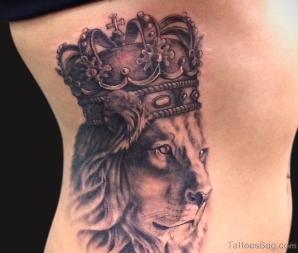 Lion And Crown Tattoo On Rib