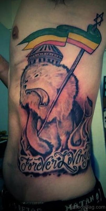 Lion And Flag Tattoo On Rib