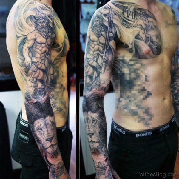Lion And Warrior Tattoo On Full Sleeve