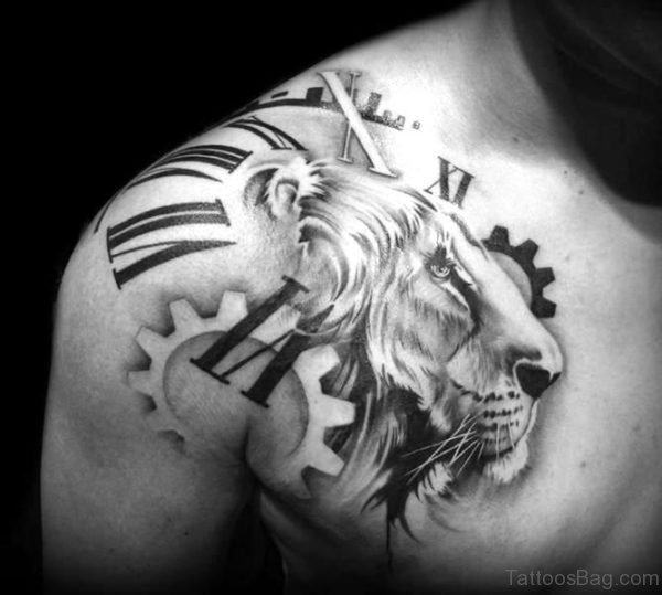 Lion Face Clock Tattoo Design 