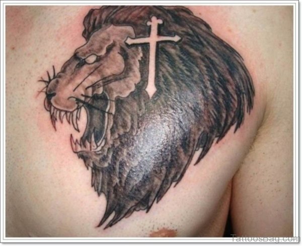 Lion Head And Cross Tattoo