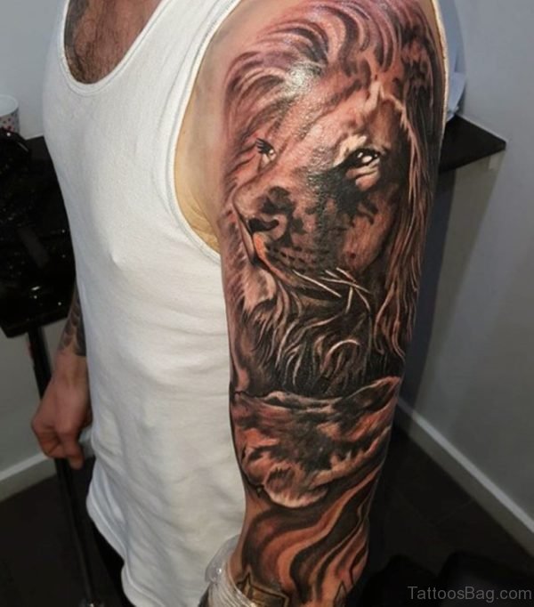 Lion Head Tattoo On Full Sleeve