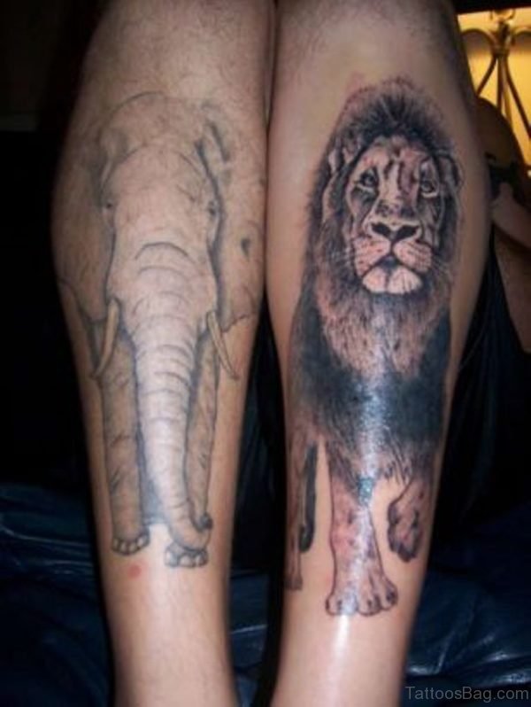 Lion n Elephant Tattoo On Leg