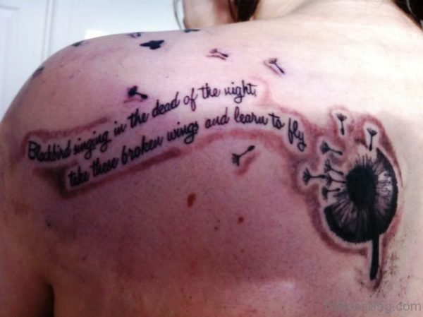 Literary And Dandelion Tattoo On Shoulder