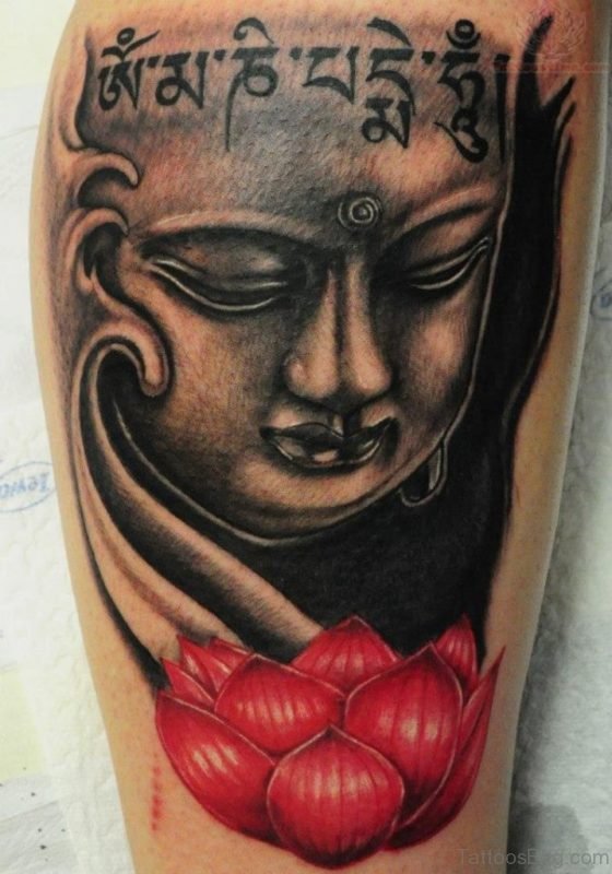 Lotus Flower And Buddha Tattoo On Leg