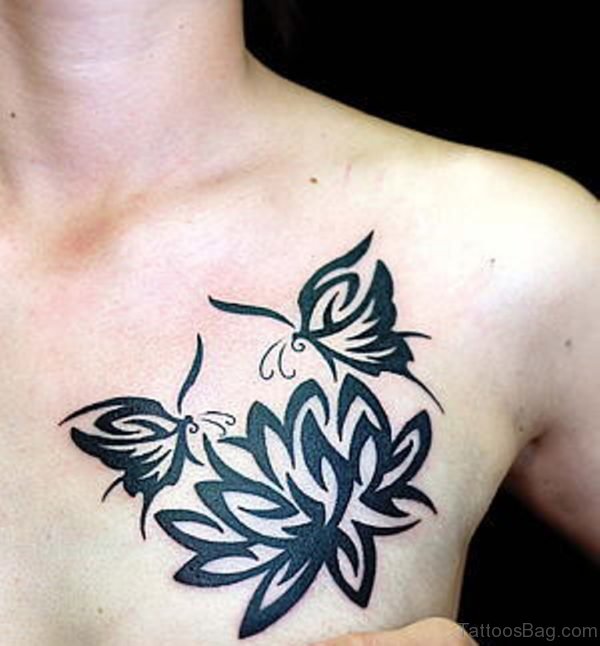 Lotus Flower And Butterflies Tattoos On Chest