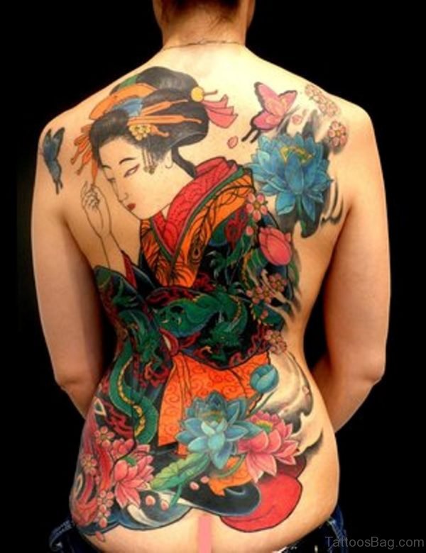 Lotus Flower And Geisha Tattoo On Back