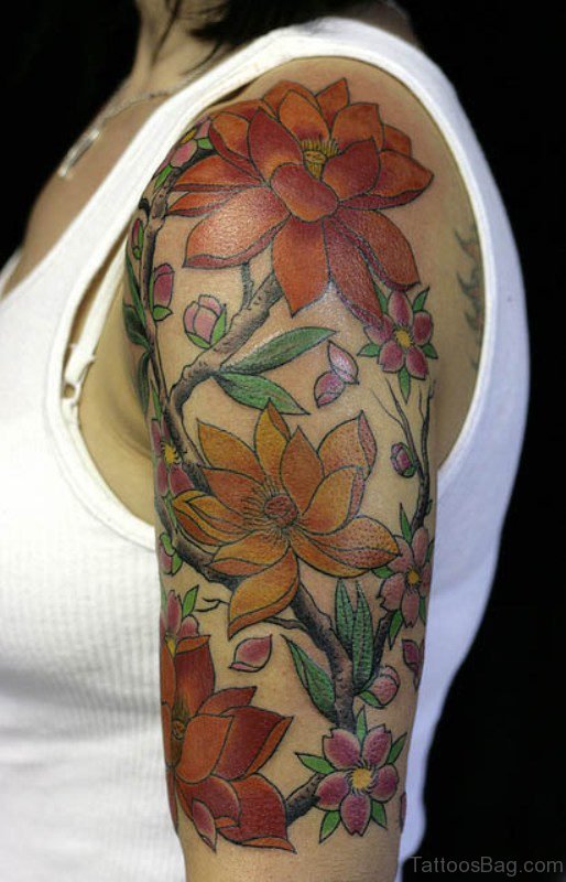 Lotus Flower Shoulder Half Sleeves Tattoo