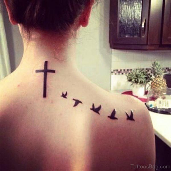 Lovely Birds And Cross Tattoo